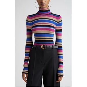 L'AGENCE Olene Metallic Stripe Turtleneck Top Small Magenta Multi Stripe NWT